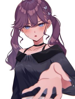 1girl :o arm_at_side black_choker black_shirt blue_eyes blurry blurry_foreground blush braid breasts butterfly_hair_ornament choker collarbone commentary_request double-parted_bangs ear_piercing gakuen_idolmaster hair_between_eyes hair_ornament hand_up highres idolmaster kaya_rinha long_hair long_sleeves looking_at_viewer medium_breasts nail_polish off-shoulder_shirt off_shoulder offering_hand outstretched_arm outstretched_hand parted_lips piercing purple_hair purple_nails reaching reaching_towards_viewer shirt sidelocks simple_background solo sweatdrop textless_version tkitt25 twintails upper_body variant_set white_background