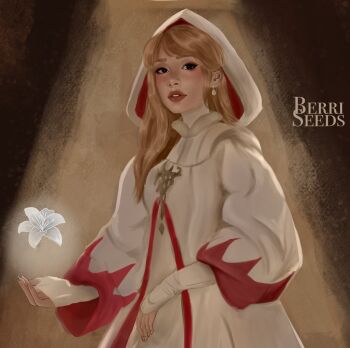 ariana_grande berri_seeds black_eyes blonde_hair blush brown_background capelet cloak close-up dress earrings final_fantasy fingerless_gloves flower gloves hood hoodie jewelry lipstick long_hair looking_at_viewer makeup pale_skin red_cloak short_dress sidelocks signature thighhighs turtleneck two-tone_cloak white_capelet white_cloak white_dress white_flower white_mage_(final_fantasy) wide_sleeves zettai_ryouiki