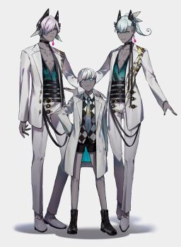 1girl 2boys absurdres aged_down aged_up animal_ears aqua_hair arm_at_side belt black_belt black_boots black_choker black_nails black_shorts blue_eyes blunt_bangs boots boy_vajra_(celebratory_attire)_(fate) boy_vajra_(fate) boy_vajra_(fate)_(cosplay) checkered_clothes checkered_shirt choker closed_mouth coat colored_skin cosplay earrings fate/grand_order fate_(series) full_body girl_vajra_(fate) green_eyes green_shirt grey_background grey_coat grey_necktie grey_skin hair_over_one_eye hand_on_own_hip high_ponytail highres indra_(celebratory_attire)_(fate) indra_(fate) indra_(fate)_(cosplay) jacket jewelry koke_uzm lightning_bolt_facial_mark lightning_bolt_symbol long_sleeves looking_at_viewer multiple_belts multiple_boys nail_polish necktie open_clothes open_coat open_jacket open_shirt outline pants pink_eyes pink_hair ponytail role_reversal shirt shoes short_hair shorts simple_background single_earring smile standing two-sided_coat two-sided_fabric white_hair white_jacket white_outline white_pants white_shoes