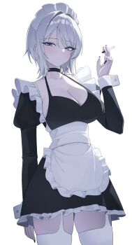 1girl absurdres alternate_costume apron between_fingers black_choker black_dress black_nails blue_eyes breasts choker cigarette cleavage closed_mouth cowboy_shot dress enmaided expressionless faust_(project_moon) frilled_dress frills garter_straps halterneck hashtag-only_commentary highres holding juliet_sleeves large_breasts limbus_company long_sleeves looking_at_viewer maid maid_apron maid_headdress nail_polish project_moon puffy_sleeves seungju short_hair simple_background solo thighhighs white_background white_hair white_thighhighs wrist_cuffs zettai_ryouiki