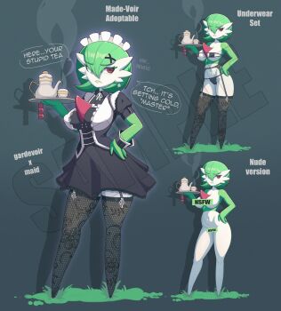 1girl areola_slip artist_name averting_eyes black_dress black_thighhighs bob_cut bra breasts cameltoe censored censored_nipples collarbone collared_dress colored_eyelashes colored_skin completely_nude condom condom_packet_strip condom_wrapper covered_erect_nipples cup dress drop_shadow earrings english_text female_focus floral_print full_body gardevoir garter_belt garter_straps gen_3_pokemon glint grass green_hair green_lips green_skin grey_background groin hair_ornament hair_over_one_eye hand_on_own_hip hand_up highres holding holding_tray jewelry large_breasts legs looking_to_the_side maid maid_headdress mega_stone multicolored_skin multiple_views navel neck_ribbon nekit48l nintendo no_feet nude one_eye_covered panties parted_lips pokemon pokemon_(creature) print_thighhighs puffy_short_sleeves puffy_sleeves red_eyes ribbon sample_watermark short_dress short_hair short_sleeves sideways_glance single_earring speech_bubble standing steam stomach strapless strapless_bra string_bra string_panties talking teacup teapot teeth thighhighs thighs tray two-tone_skin underwear underwear_only v-shaped_eyebrows watermark white_ribbon white_skin wrist_cuffs x_hair_ornament