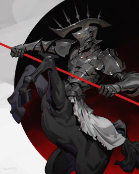 1boy armor breastplate centaur commentary_request from_side full_armor gauntlets helmet highres holding holding_polearm holding_weapon horse jiro_(ninetysix) knight original plate_armor polearm profile solo taur weapon