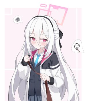 1boy 1girl absurdres aqua_necktie black_skirt blazer blue_archive commentary_request doodle_sensei_(blue_archive) hair_between_eyes halo highres jacket kei_(blue_archive) kei_(new_body)_(blue_archive) long_hair looking_at_viewer necktie pink_background pink_eyes pink_halo sensei_(blue_archive) shi'er_jiang skirt solo very_long_hair white_hair white_jacket