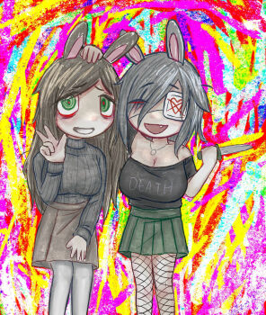 2girls animal_ears black_shirt blonde_hair breasts brown_skirt cleavage closed_eyes clothes_writing collarbone english_text eyepatch eyes_visible_through_hair fang fishnets green_eyes green_skirt grey_hair grey_sweater hair_over_one_eye hand_on_another's_head heart highres holding holding_knife huge_breasts jewelry knife looking_at_viewer mentha_(menthalovely) mint_(menthalovely) multiple_girls necklace off-shoulder_shirt off_shoulder open_mouth original pleated_skirt psychedelic rabbit_ears red_pupils shirt skirt sweater turtleneck turtleneck_sweater v