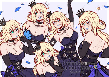 1girl ;) arm_up backless_dress backless_outfit bare_back bare_shoulders belly_chain belt black_belt black_choker black_crown black_gloves blonde_hair blue_bow blue_dress blue_eyeshadow blue_lips blue_ribbon blush bow breasts choker cleavage closed_eyes collarbone commentary commission commissioner_upload crown dancing dress elbow_gloves english_commentary eyeshadow from_behind gloves green_eyes grin gzei hair_between_eyes hair_rings highres jewelry large_breasts long_hair looking_at_viewer looking_back makeup mini_crown mole mole_on_breast mole_under_eye mole_under_mouth multiple_views one_eye_closed original petals puff_of_air ribbon sena_(sorenjerr) smile strapless strapless_dress upper_body wrist_ribbon