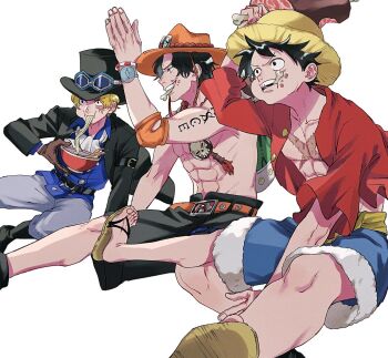 3boys abs arm_tattoo armband ascot bag black_coat black_hair black_shorts blonde_hair blue_shirt blue_shorts bone bowl bracelet brothers coat commentary_request eating elbow_pads food freckles goggles goggles_on_headwear hat highres hiramughirahimu holding holding_bowl holding_food jewelry log_pose male_focus meat monkey_d._luffy multiple_boys one_piece open_clothes open_shirt orange_hat portgas_d._ace profile red_shirt sabo_(one_piece) sandals sash scar scar_on_face shirt short_hair shorts shoulder_bag siblings simple_background single_elbow_pad smile straw_hat tattoo topless_male white_ascot white_background yellow_sash
