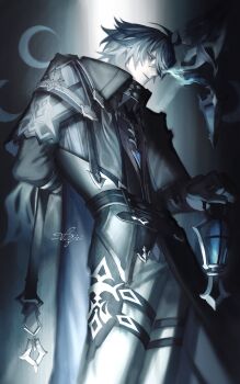 1boy absurdres antenna_hair black_coat black_gloves blue_hair coat collared_coat commentary_request crescent_moon feet_out_of_frame flins_(genshin_impact) genshin_impact gloves grey_pants highres holding holding_lantern lantern long_sleeves male_focus moon pants parted_bangs sajililli smile solo standing wing_collar