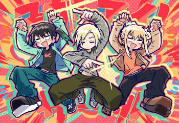 Rule 34 | 3girls, aqua jacket, black hair, black shirt, black shoes, blank eyes, blonde hair, blue pants, blush, brown jacket, brown shoes, closed eyes, commentary, facing viewer, gradient hair, green hair, green pants, grey pants, grey shirt, grey shoes, highres, jacket, jitome, love live!, love live! nijigasaki high school idol club, medium hair, mia taylor, midriff peek, miyashita ai, multicolored hair, multiple girls, open clothes, open jacket, orange shirt, pants, pink background, ponytail, shirt, shoes, sidelocks, sneakers, takasaki yu, translation request, twintails, yukitake (bullfalk)