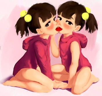 2girls bare_legs bare_shoulders barefoot between_legs blush breast_press brown_eyes brown_hair erogaki eyelashes female_focus french_kiss from_side hand_between_legs hand_on_another's_face highres hood hood_down hoodie incest kiss kodomo_doushi loli long_sleeves looking_at_viewer looking_to_the_side matching_hair/eyes multiple_girls naughty_face nintendo open_mouth pink_background pink_hoodie pokemon pokemon_hgss ponytail pov saliva short_hair short_ponytail siblings side_ponytail simple_background sitting sleeveless sleeveless_hoodie smile supeku symmetrical_docking teeth tongue tongue_out twins twins_(pokemon) upper_teeth_only wariza yuri