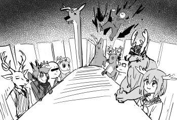 1girl 4boys :3 aggressive_retsuko alastor_(hazbin_hotel) antlers beastars bleach chair character_request copyright_request crossover daihatsu deeeer_simulator deer deer_antlers formal_clothes gen_2_pokemon greyscale gun handgun hazbin_hotel hellaverse highres horns kakukaku_shikajika long_table louis_(beastars) monochrome multiple_boys multiple_crossover nichijou nintendo one_piece own_hands_together parody pokemon principal_(nichijou) school_uniform sento-kun serafuku shikanoko_noko shikanoko_nokonoko_koshitantan stantler suit table tenten_(chan4545) tony_tony_chopper tsunoda_(aggretsuko) weapon