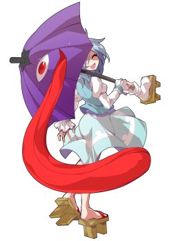 1girl alphes_(style) back commentary_request commission dairi frilled_sleeves frills full_body geta highres juliet_sleeves karakasa_obake large_variant_set long_sleeves long_tongue parody puffy_sleeves purple_umbrella red_eyes shirt skeb_commission skirt skirt_set solo style_parody tachi-e tatara_kogasa toes tongue tongue_out touhou transparent_background umbrella variant_set vest
