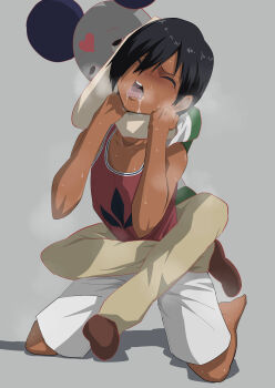 1boy absurdres asphyxiation bare_shoulders barefoot black_hair blush dark_skin hair_over_one_eye headlock highres ikezawa_kazuma kneeling love_machine open_mouth pront-k short_hair shorts strangling summer_wars sweat tongue tongue_out