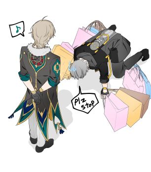 2boys all_fours arms_behind_back aventurine_(honkai:_star_rail) bag black_boots black_coat black_gloves black_jacket black_pants black_shoes blonde_hair blue_bag boots bracelet brown_bag caelus_(honkai:_star_rail) coat english_text fingerless_gloves from_behind full_body fur-trimmed_jacket fur_trim gloves gold_bracelet grey_hair highres holding holding_bag honkai:_star_rail honkai_(series) hood hooded_coat ibgwataku jacket jewelry long_sleeves male_focus multiple_boys musical_note pants pink_bag shadow shoes short_hair simple_background speech_bubble spoken_musical_note standing sweatdrop trailblazer_(honkai:_star_rail) watch white_background white_pants wristwatch yellow_bag