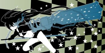 1girl belt bikini black_coat black_hair black_rock_shooter black_rock_shooter_(character) black_shorts blue_fire chain checkered_background coat commentary_request ekra fire flaming_eye front-tie_bikini_top front-tie_top glowing glowing_eye long_hair open_clothes open_coat pale_skin rock_cannon scar shorts swimsuit sword twintails uneven_twintails weapon