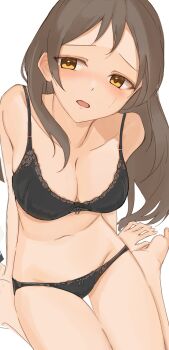1girl arm_support arms_at_sides barefoot black_bra blush bow bow_bra bow_panties bra breasts brown_hair character_request check_character check_copyright commentary_request copyright_request from_above harada_(typeharada) highres idolmaster idolmaster_million_live! kitazawa_shiho large_breasts long_hair looking_at_viewer looking_up navel open_mouth panties raised_inner_eyebrows simple_background sitting solo stomach underwear underwear_only wariza white_background yellow_eyes