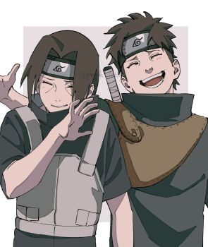 Rule 34 | 2boys, black shirt, border, brown hair, closed eyes, forehead protector, grey vest, highres, konohagakure anbu uniform, konohagakure symbol, laughing, male focus, multiple boys, naruto (series), naruto shippuuden, open mouth, pnpk 1013, purple background, shirt, simple background, sword, sword on back, twitter username, two-tone background, uchiha itachi, uchiha shisui, upper body, vest, weapon, weapon on back, white border