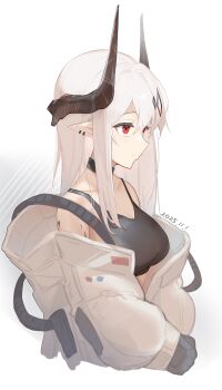 1girl absurdres arknights bare_shoulders black_gloves black_horns black_sports_bra breasts chinese_commentary cleavage closed_mouth collarbone commentary_request cropped_torso dated diamond_hair_ornament ear_piercing gloves hair_between_eyes hair_ornament highres horns infection_monitor_(arknights) jumpsuit light_smile long_hair long_sidelocks long_sleeves looking_to_the_side material_growth mudrock_(arknights) mudrock_(elite_ii)_(arknights) off_shoulder open_clothes open_jumpsuit oripathy_lesion_(arknights) piercing pointy_ears puffy_long_sleeves puffy_sleeves red_eyes sarea_(sarea2020) sidelocks simple_background solo sports_bra white_background white_hair white_jumpsuit