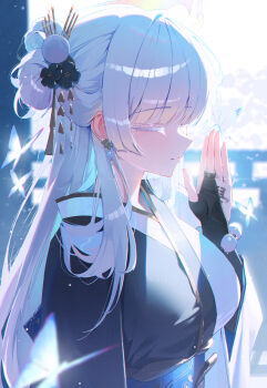 1girl absurdres alternate_costume alternate_hairstyle black_bridal_gauntlets black_kimono breasts bridal_gauntlets bug butterfly butterfly_on_hand closed_eyes closed_mouth colored_eyelashes commentary commentary_request domi_(hongsung0819) earrings english_commentary flower goddess_of_victory:_nikke grey_hair hair_flower hair_ornament hair_stick half_updo hand_up highres insect japanese_clothes jewelry kimono large_breasts long_hair mixed-language_commentary nayuta_(nikke) partial_commentary smile solo two-tone_kimono upper_body white_hair white_kimono