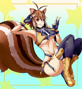1girl animal_ears armpits bare_shoulders blazblue boots breasts brown_eyes brown_hair crop_top highres large_breasts looking_at_viewer makoto_nanaya microskirt midriff orz_toshi short_hair skirt sleeveless squirrel_ears squirrel_girl squirrel_tail star_(symbol) tail underboob
