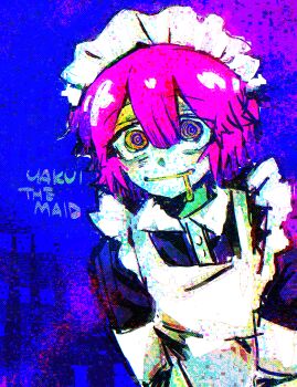 Rule 34 | 1girl, @ @, apron, black dress, character name, colorful, commentary, crazy eyes, dress, drooling, futaba channel, glitch, hair between eyes, hashtag-only commentary, highres, looking at viewer, maid, maid headdress, nijiura maids, open mouth, poodle (lofter 1389564), purple eyes, purple hair, saliva, short hair, solo, upper body, white apron, yakui, yellow eyes