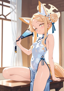 1girl absurdres alternate_costume alternate_hairstyle animal_ears bare_shoulders blonde_hair blue_archive blue_dress blue_shoes blush breasts china_dress chinese_clothes commentary_request double_bun dress folded_fan folding_fan fox_ears hair_bun halo hand_fan hand_up highres holding holding_fan light_smile long_hair looking_at_viewer multicolored_eyes pelvic_curtain pink_eyes rin_(rin0214tw) seia_(blue_archive) shoes signature small_breasts solo very_long_hair yellow_eyes yellow_halo