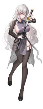 1girl armpit_crease armpits black_panties black_shoes borrowed_character breasts brown_thighhighs cleavage cleavage_cutout closed_mouth clothing_cutout commentary commission dot_nose dress expressionless eyebrows_hidden_by_hair flower full_body garter_straps grey_dress hair_between_eyes hair_flower hair_ornament highres holding holding_sword holding_weapon jian_(weapon) korean_commentary large_breasts long_hair long_sleeves looking_at_viewer obi original panties pelvic_curtain sash see-through_clothes see-through_sleeves sheath shoes shrug_(clothing) sideboob sidelocks simple_background skindentation sleeveless sleeveless_dress solo string_panties suisen_(suisenhwa) sword thighhighs underwear unsheathing very_long_hair weapon white_background white_flower white_hair yellow_eyes
