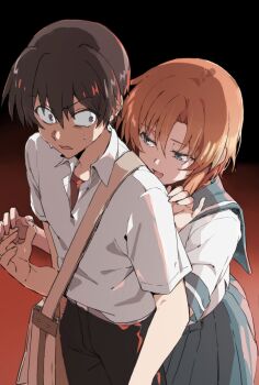 1boy 1girl bag black_pants blue_eyes blue_sailor_collar blue_skirt brown_bag brown_hair collared_shirt hair_between_eyes highres higurashi_no_naku_koro_ni holding_hands leaning_on_person looking_at_another maebara_keiichi nuancho onikakushi-hen open_mouth orange_hair pants pleated_skirt purple_eyes ryuuguu_rena sailor_collar scared school_uniform serafuku shirt short_hair short_sleeves shoulder_bag skirt slit_pupils sweat undershirt v-shaped_eyebrows white_shirt wide-eyed