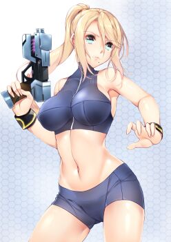 1girl aqua_eyes armpits bare_shoulders bike_shorts blonde_hair blue_eyes blush breasts cowboy_shot female_focus gun hair_between_eyes halterneck hexagon high_ponytail hip_focus holding holding_weapon honeycomb_(pattern) honeycomb_background honeycomb_pattern impossible_clothes large_breasts long_hair looking_at_viewer metroid metroid_fusion midriff mole mole_under_mouth navel nintendo ponytail samus_aran scrunchie shorts sideboob skin_tight solo standing super_smash_bros. swept_bangs turtleneck weapon wristband yappen yatsu_(sasuraino)