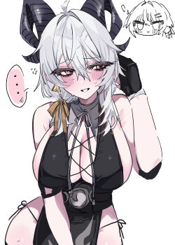 Rule 34 | !, 1girl, :>, absurdres, ahoge, alternate costume, alternate hairstyle, averting eyes, bare shoulders, black gloves, black horns, blush, breasts, chibi, chibi inset, cleavage, cleavage cutout, clothing cutout, commentary request, cosplay, cross-laced clothes, cross-laced slit, cross-laced top, curled horns, demon girl, demon horns, dos dos121, double-parted bangs, earrings, elbow pads, embarrassed, female rover (wuthering waves), female rover (wuthering waves) (cosplay), flying sweatdrops, furrowed brow, gloves, grey eyes, grey ribbon, hair between eyes, hair intakes, hair ornament, hair ribbon, hairclip, hand up, highres, horns, huge breasts, jewelry, long hair, looking to the side, low side ponytail, multiple girls, neck ribbon, nervous sweating, parallel hairclips, parted lips, partially fingerless gloves, pelvic curtain, raised eyebrow, raised inner eyebrows, red pupils, ribbon, rover (wuthering waves), side-tie peek, simple background, single earring, solo focus, sweat, triangle earrings, tucking hair, white background, white hair, wuthering waves, yellow ribbon, zani (wuthering waves)