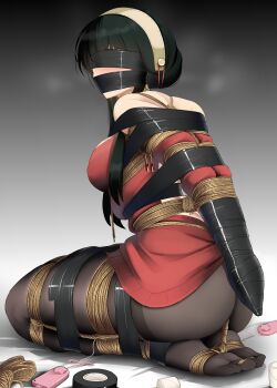 1girl absurdres armbinder arms_behind_back ass bagelbomb bdsm between_buttocks blindfold blush bondage bound breasts eye_taped_shut gag gagged highres improvised_gag large_breasts non-web_source rope shibari solo spy_x_family tape tape_bondage tape_gag taped_arms tied_up_(nonsexual) yor_briar