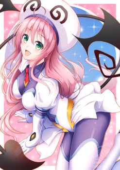 1girl ahoge blush breasts collared_bodysuit demon_tail green_eyes hachiware_(8ware63) henshin highres lala_satalin_deviluke large_breasts long_hair looking_at_viewer medium_breasts open_mouth pink_hair solo tail to_love-ru to_love-ru_darkness transforming_clothes very_long_hair