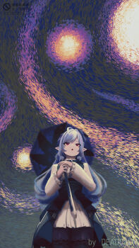 1girl absurdres ahoge commentary_request deadcalm_(de6mpgi6jb44717) frilled_sleeves frills from_below highres holding holding_umbrella long_hair mole mole_under_eye open_mouth pantyhose pointy_ears purple_hair red_eyes solo starry_night_(van_gogh) swept_bangs triangle_mouth umbrella vivian_banshee zenless_zone_zero