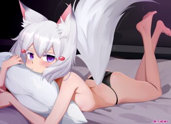 1girl animal_ear_fluff animal_ears artist_name ass bed_sheet black_panties blush chenki_(chenki) commentary english_commentary feet_up fox_ears fox_girl fox_tail hair_between_eyes hair_ornament hairclip highres hugging_object looking_at_viewer lying on_stomach panties phase_connect pillow pillow_hug pout purple_eyes short_hair solo tail tenma_maemi the_pose topless_female twitter_username underwear underwear_only virtual_youtuber white_hair