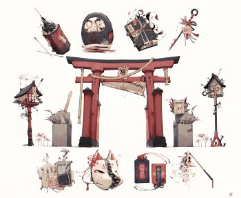 absurdres blood book daruma_doll decapitation halo highres ink mask props rope scenery staff statue tagme torii tsunzaki weapon white_background
