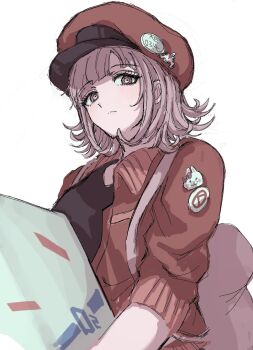 1girl black_shirt brown_hair commentary_request cosplay danganronpa_(series) danganronpa_2:_goodbye_despair frown hat hat_ornament hataraku_saibou highres holding jacket looking_at_viewer medium_hair nanami_chiaki open_clothes open_jacket pink_eyes red_blood_cell_(hataraku_saibou) red_blood_cell_(hataraku_saibou)_(cosplay) red_hat red_jacket shirt solo usami_(danganronpa)