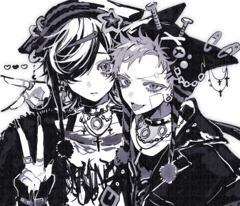 Rule 34 | 2boys, aimono jyushi, alternate costume, animal ear headwear, arm around shoulder, chain, chain necklace, choker, commentary request, cross, cross necklace, earrings, fake animal ears, fang, fingernails, fur jacket, hair over one eye, harai kuko, hat, heart, highres, hypnosis mic, jacket, jewelry, leather, leather jacket, long fingernails, long hair, long sleeves, male focus, monochrome, multicolored hair, multiple boys, multiple earrings, multiple rings, necklace, object through head, omumeshi, pierced hat, piercing, plug (piercing), print shirt, ring, safety pin, screw, screw in head, shirt, short hair, star (symbol), strap, streaked hair, striped hat, tongue, tongue out, tongue piercing, v, very short hair, yabi fashion
