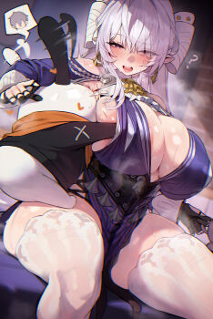 1boy 1girl ? absurdres areola_slip ascot bangboo_(zenless_zone_zero) black_gloves blue_dress blue_shrug blush breasts commentary cup dress drinking_glass english_commentary full_cleavage gloves grabbing_another's_breast grey_hair groping hair_over_one_eye highres holding holding_cup huge_breasts hyuk_(yeayeo) licking licking_armpit long_hair mole mole_under_mouth paid_reward_available pointy_ears purple_eyes shrug_(clothing) sideboob sitting solo_focus spoken_character steaming_body sweat teeth thick_thighs thighhighs thighs upper_teeth_only velina_airgid wavy_mouth white_thighhighs wise_(zenless_zone_zero) yellow_ascot zenless_zone_zero