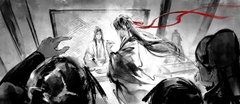 2boys 4others alcohol black_hair black_hanfu chinese_clothes chinese_commentary closed_mouth cup facing_away faux_traditional_media floating_hair food from_above from_behind greyscale hair_down hair_ribbon half_updo hand_up hanfu headband highres holding holding_cup huashengdoufu implied_yaoi indoors ink_wash_painting lan_wangji long_hair long_sleeves looking_at_another modao_zushi monochrome multiple_boys multiple_others official_alternate_hairstyle plate pointing ponytail red_ribbon ribbon robe sakazuki sash sidelocks sitting smile spot_color standing table topknot very_long_hair wei_wuxian wei_wuxian_(yiling_laozu) white_hanfu wide_sleeves
