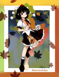 Rule 34 | 1girl, absurdres, autumn leaves, belt, black belt, black footwear, black hair, black ribbon, black skirt, boots, breasts, brown footwear, brown skirt, closed mouth, collared shirt, commentary request, falling leaves, frilled skirt, frills, full body, geta, happy, hat, highres, holding, holding notebook, holding pen, leaf, leaf print, monodoku, neck ribbon, nib pen (object), notebook, pen, pointy ears, pom pom (clothes), puffy sleeves, red eyes, red hat, ribbon, ribbon-trimmed socks, shameimaru aya, shirt, short hair, skirt, small breasts, smile, socks, solo, standing, tengu-geta, tokin hat, touhou, white shirt, white socks, zun (style)