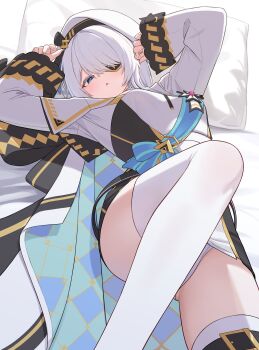 Rule 34 | 1girl, absurdres, bebetang, black survival, blue eyes, breasts, eternal return: black survival, eyepatch, hair over one eye, highres, large breasts, official alternate costume, one eye covered, sissela kyle, solo, thighhighs, thighs, white hair, white thighhighs