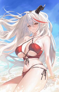 1girl absurdres aegir_(azur_lane) alternate_costume azur_lane bikini black_horns breasts cleavage commentary_request criss-cross_halter demon_horns halterneck highres hiuww horns large_breasts long_hair looking_at_viewer multi-strapped_bikini_bottom multicolored_hair red_bikini red_streaks scrunchie side-tie_bikini_bottom sitting solo streaked_hair string_bikini swimsuit white_hair wrist_scrunchie