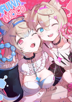 2girls animal_ears bandaid bandaid_hair_ornament black_jacket blonde_hair blue_eyes blue_hair character_name commentary_request dog_ears dog_girl donut dress fangs food fur-trimmed_jacket fur_trim fuwawa_abyssgard fuwawa_abyssgard_(1st_costume) hair_ornament hieno_hiro highres holding holding_donut holding_food hololive hololive_english jacket looking_at_viewer mococo_abyssgard mococo_abyssgard_(1st_costume) multicolored_hair multiple_girls one_eye_closed open_mouth pink_background pink_eyes pink_hair pon_de_ring shirt siblings sisters smile streaked_hair twins virtual_youtuber white_dress white_shirt x_hair_ornament