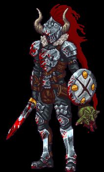 1boy animated animated_gif armor belt_pouch blood blood_drip blood_on_armor bloody_weapon breastplate buckler dripping eye_trail fake_horns full_armor full_body fur_collar glowing glowing_eye goblin goblin_slayer goblin_slayer! greaves grey_armor grey_helmet helm helmet holding holding_detached_head holding_sword holding_weapon horned_helmet horns light_trail lowres pauldrons pixel_art plume poleyn pouch red_plume severed_head shield shoulder_armor simple_background solo steel_joe sword tachi-e transparent_background visor_(armor) weapon