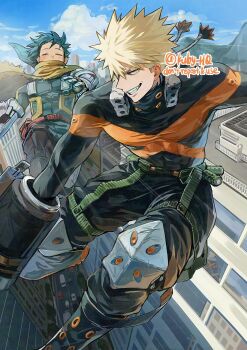 Rule 34 | 2boys, bakugou katsuki, blonde hair, blue sky, boku no hero academia, cape, city, closed eyes, cloud, covered abs, covered pectorals, floating, freckles, green hair, hashtag-only commentary, highres, kuby hq, male focus, midoriya izuku, multiple boys, pectorals, scar, scar on face, short hair, sky, smile, spiked hair, superhero costume, teeth, twitter username, yellow cape