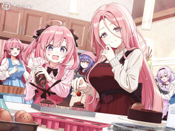 Rule 34 | 5girls, ahoge, apron, artist request, aylwin (azur lane), azur lane, black bow, black bowtie, black hairband, blue bow, blue dress, blush, bow, bowtie, breasts, cake, cherry, chocolate cake, chocolate making, closed mouth, collared shirt, commentary request, copyright logo, copyright name, copyright notice, cupcake, day, dewey (azur lane), dress, drink carton, egg, egg carton, egg yolk, fang, fingernails, food, food on face, forehead, frilled apron, frills, fruit, hair bow, hairband, hat, heart, highres, holding, holding food, holding fruit, holding pastry bag, holding whisk, indoors, kitchen, large breasts, lexington (azur lane), logo, long hair, long sleeves, manjuu (azur lane), milk carton, mixing bowl, multiple girls, neck ribbon, open mouth, pastry bag, pink apron, pink bow, pink eyes, pink hair, pink hat, princeton (azur lane), red ribbon, red sweater, ribbon, saratoga (azur lane), shirt, smile, sweatdrop, sweater, tray, twintails, whisk, white shirt, yellow eyes