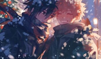 2boys absurdres black_coat black_eyes black_hair blonde_hair christmas_tree closed_eyes closed_mouth coat commentary facial_mark grin hair_between_eyes haruiro_(hrm_ino) highres light_blush male_focus multiple_boys naruto_(series) scarf short_hair smile snow snowing spiked_hair symbol-only_commentary teeth uchiha_sasuke upper_body uzumaki_naruto whisker_markings winter yaoi