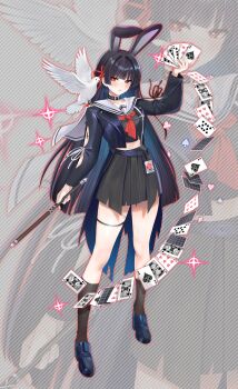1girl absurdres animal animal_ears animal_on_shoulder arm_cutout arm_up bird bird_on_shoulder black_hair black_jacket black_shirt black_shoes black_skirt black_socks blush card chisa_(wuthering_waves) clothing_cutout commentary_request crop_top fake_animal_ears hair_ribbon highres holding holding_card holding_wand id_card jacket long_hair long_sleeves looking_at_viewer najjo neckerchief parted_lips playing_card rabbit_ears red_eyes red_neckerchief red_ribbon ribbon sailor_collar shirt shoes skirt socks tacet_mark_(wuthering_waves) wand white_bird white_sailor_collar wuthering_waves zoom_layer