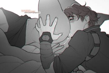 2boys after_anal ass ass-to-mouth bakugou_katsuki boku_no_hero_academia bottomless burn_scar commentary cum cum_on_ass cum_on_body cumdrip english_commentary felching greyscale hand_on_another&#039;s_ass head_out_of_frame highres khyvafterdark male_focus monochrome multicolored_hair multiple_boys patreon_username red_hair scar scar_on_face short_hair simple_background split-color_hair spot_color superhero_costume todoroki_shoto two-tone_hair white_background yaoi