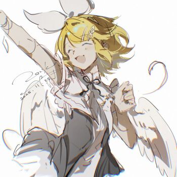 1girl blonde_hair kagamine_rin laughing sketch solo vocaloid white_background wings zeriko