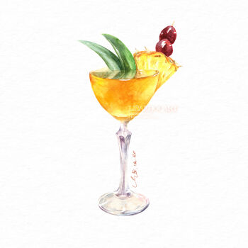 alcohol cocktail cocktail_glass commentary_request cup drink drinking_glass food food_focus fruit lisazhou_art no_humans original painting_(medium) pineapple pineapple_slice traditional_media watercolor_(medium) white_background